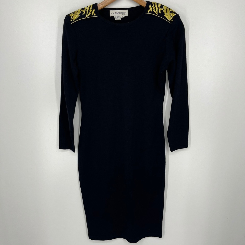 Outlander Petites Black Wool Blend Embroidered Shoulder Sweater Dress P